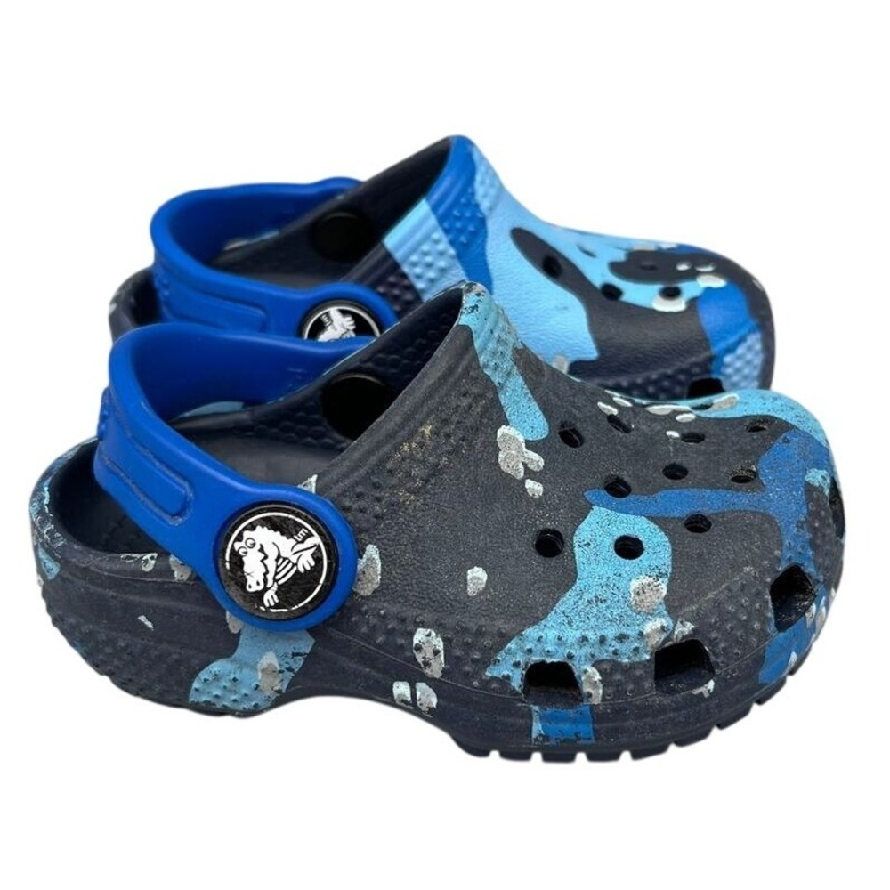 Crocs Children 4 Blue Camo Comfort Shoes Youth Boys/Girls Slides Mules‎ Clog